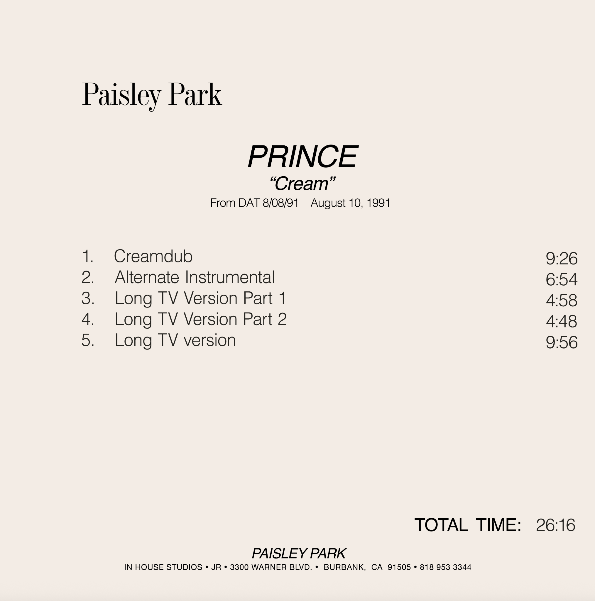 Prince Promo CD Cream CD Reference 24K Carat Gold Disc 5 Track