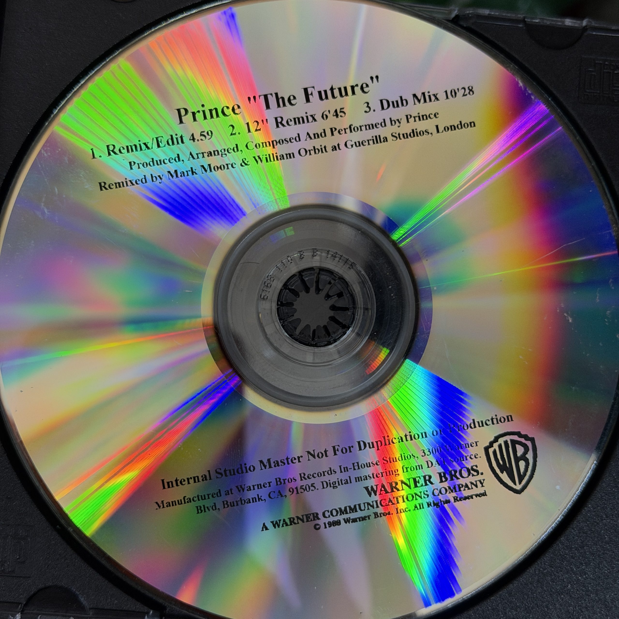 The Future 1989 Warner Bros, Acetate / Reference CD, Prince rare withdrawn 3 track featuring unreleased remixes and a funky dub